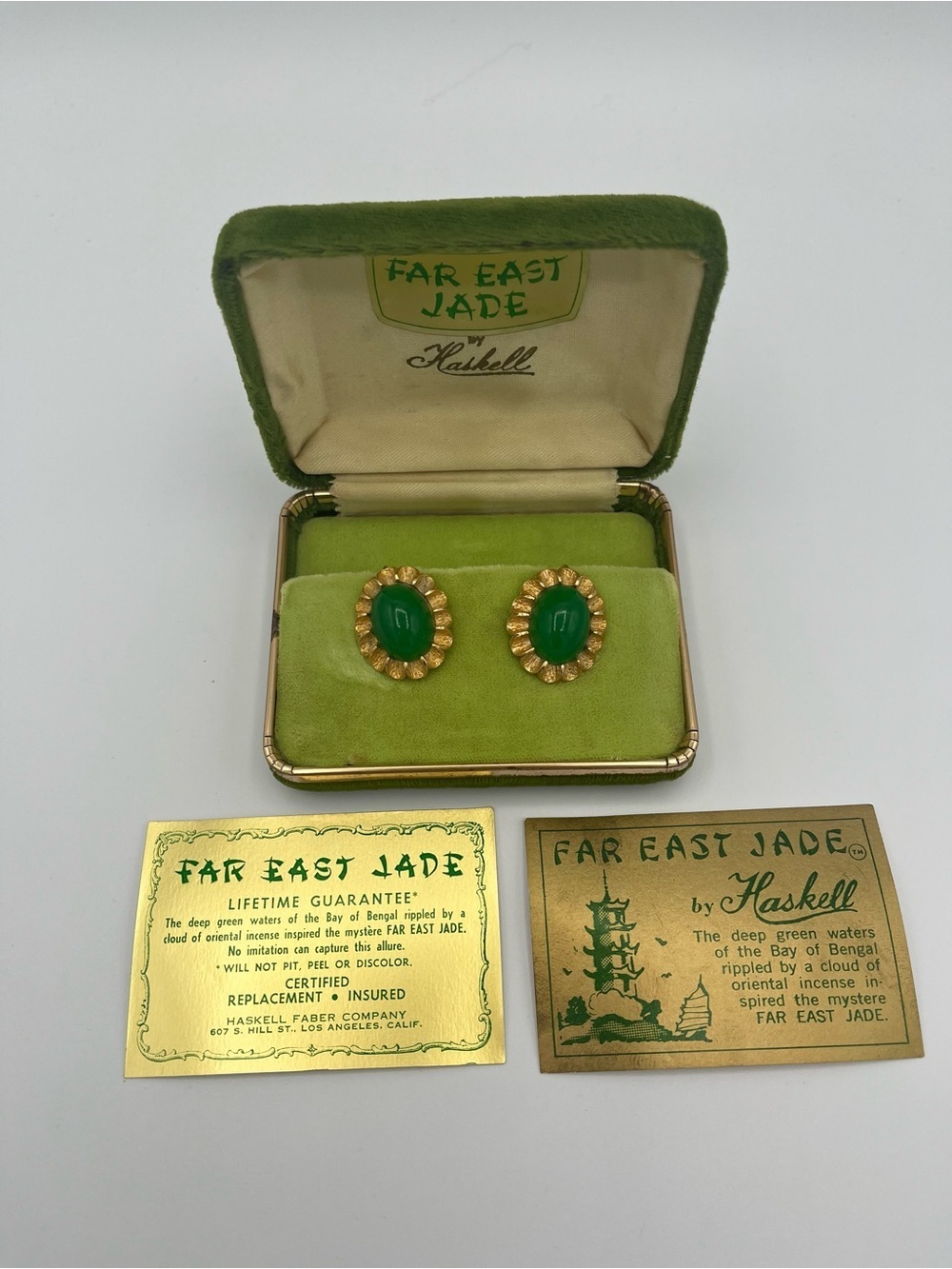 Circa 1950 Miriam Haskell Faux Jade Earrings – Complete Boxed Collector Set